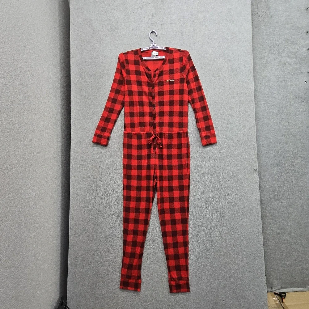 PINK Victoria's Secret Women Sleepwear L Red Thermal Sleep Jumpsuit Pajama Plaid